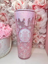 Load image into Gallery viewer, Opal Pink Rhinestone Drip Acrylic SnowGlobe Tumbler
