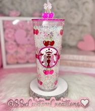 Load image into Gallery viewer, 24oz Acrylic Rhinestone Filled Heart Cherry and bow Tumbler π