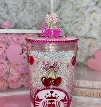 Load image into Gallery viewer, 24oz Acrylic Rhinestone Filled Heart Cherry and bow Tumbler π