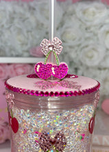 Load image into Gallery viewer, 24oz Acrylic Rhinestone Filled Heart Cherry and bow Tumbler π