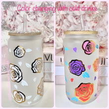 Load image into Gallery viewer, ROSES 16oz Frosted glass, bamboo lid , COLOR CHANGING tumbler