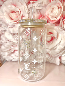 Clear/Frosted Glass Tumbler with Rhinestone accents