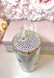Clear/Frosted Glass Tumbler with Rhinestone accents