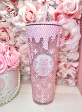 Load image into Gallery viewer, Opal Pink Rhinestone Drip Acrylic SnowGlobe Tumbler
