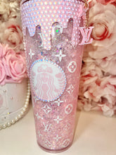 Load image into Gallery viewer, Opal Pink Rhinestone Drip Acrylic SnowGlobe Tumbler
