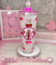 Load image into Gallery viewer, 24oz Acrylic Rhinestone Filled Heart Cherry and bow Tumbler 🍒
