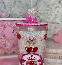 Load image into Gallery viewer, 24oz Acrylic Rhinestone Filled Heart Cherry and bow Tumbler 🍒
