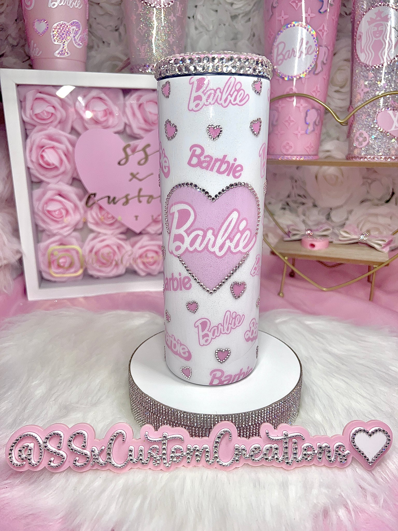 White Base BARBIE rhinestone hearts Tumbler – SSxCustomCreations