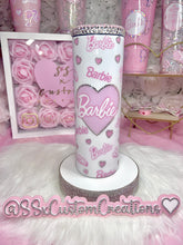 Load image into Gallery viewer, 20oz SS BARBIE Tumbler White Base rhinestone hearts
