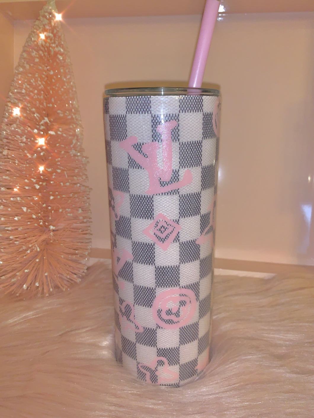 Pink and checkered Stainless Steel 20oz skinny Tumbler