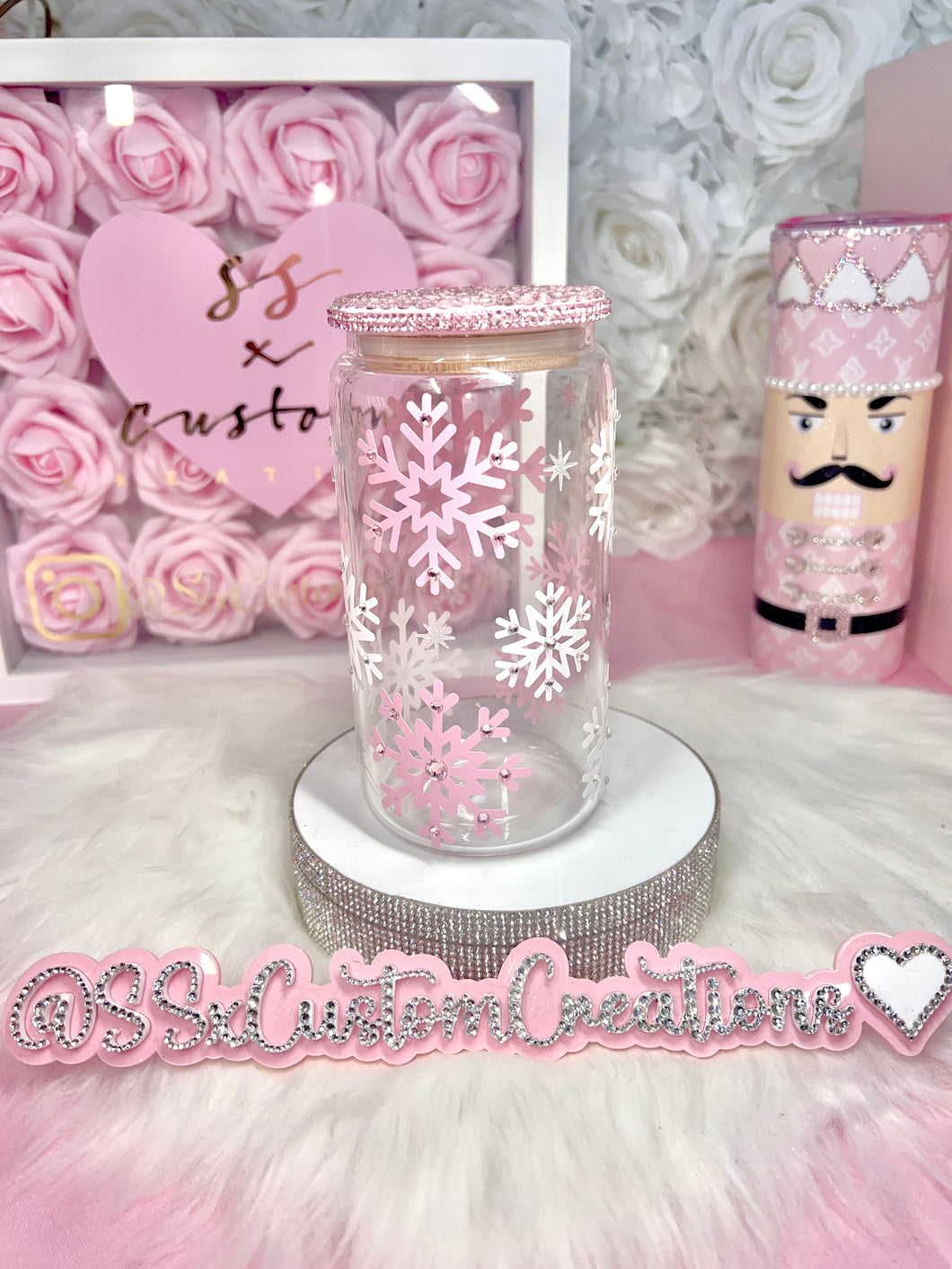 Snowflakes and rhinestones clear glass tumbler