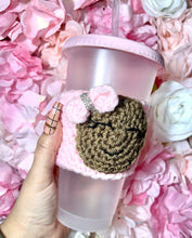 Load image into Gallery viewer, *Crocheted Gingerbread Face with Bow Cup Cozy*
