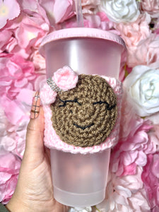 *Crocheted Gingerbread Face with Bow Cup Cozy*