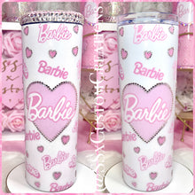Load image into Gallery viewer, 20oz SS BARBIE Tumbler White Base rhinestone hearts
