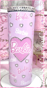20oz SS BARBIE Tumbler Light Pink Base Rhinestone Hearts
