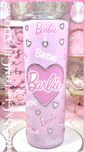 20oz SS BARBIE Tumbler Light Pink Base Rhinestone Hearts
