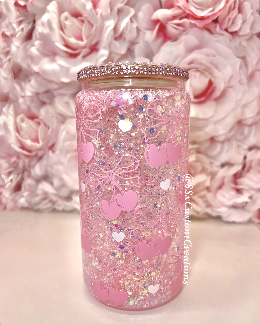 Glass SnowGlobe Tumbler with Cherry Bows
