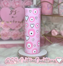 Load image into Gallery viewer, 20oz SS Pink Evil Eye and Blingy Hearts tumbler
