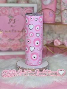 20oz SS Pink Evil Eye and Blingy Hearts tumbler