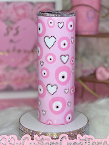 20oz SS Pink Evil Eye and Blingy Hearts tumbler