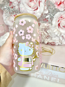 16oz Frosted Glass, cherry blossom,  Kitty Tumbler