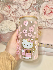 16oz Frosted Glass, cherry blossom,  Kitty Tumbler