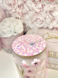 16oz Frosted Glass, cherry blossom,  Kitty Tumbler