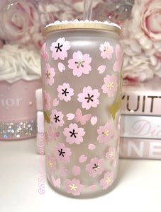 16oz Frosted Glass, cherry blossom,  Kitty Tumbler