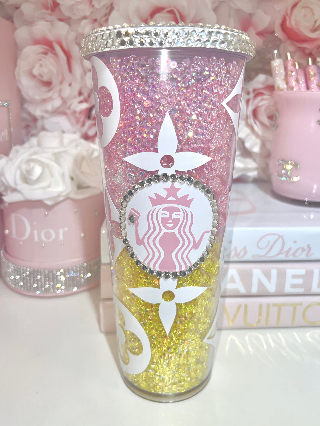 24oz Acrylic , rhinestone filled L.V. glitter Tumbler