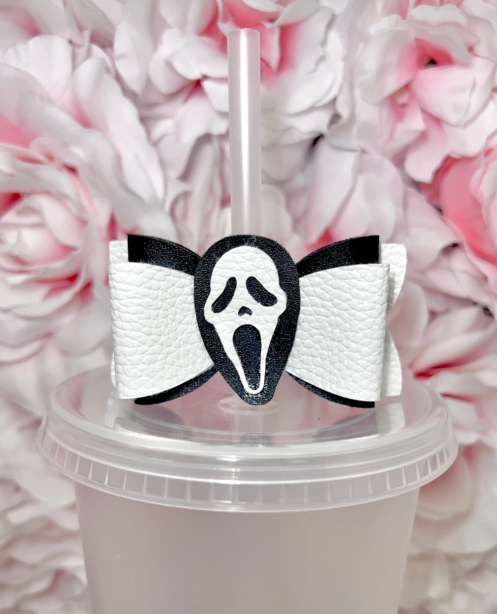 Ghost Face Pink & White Bow straw topper