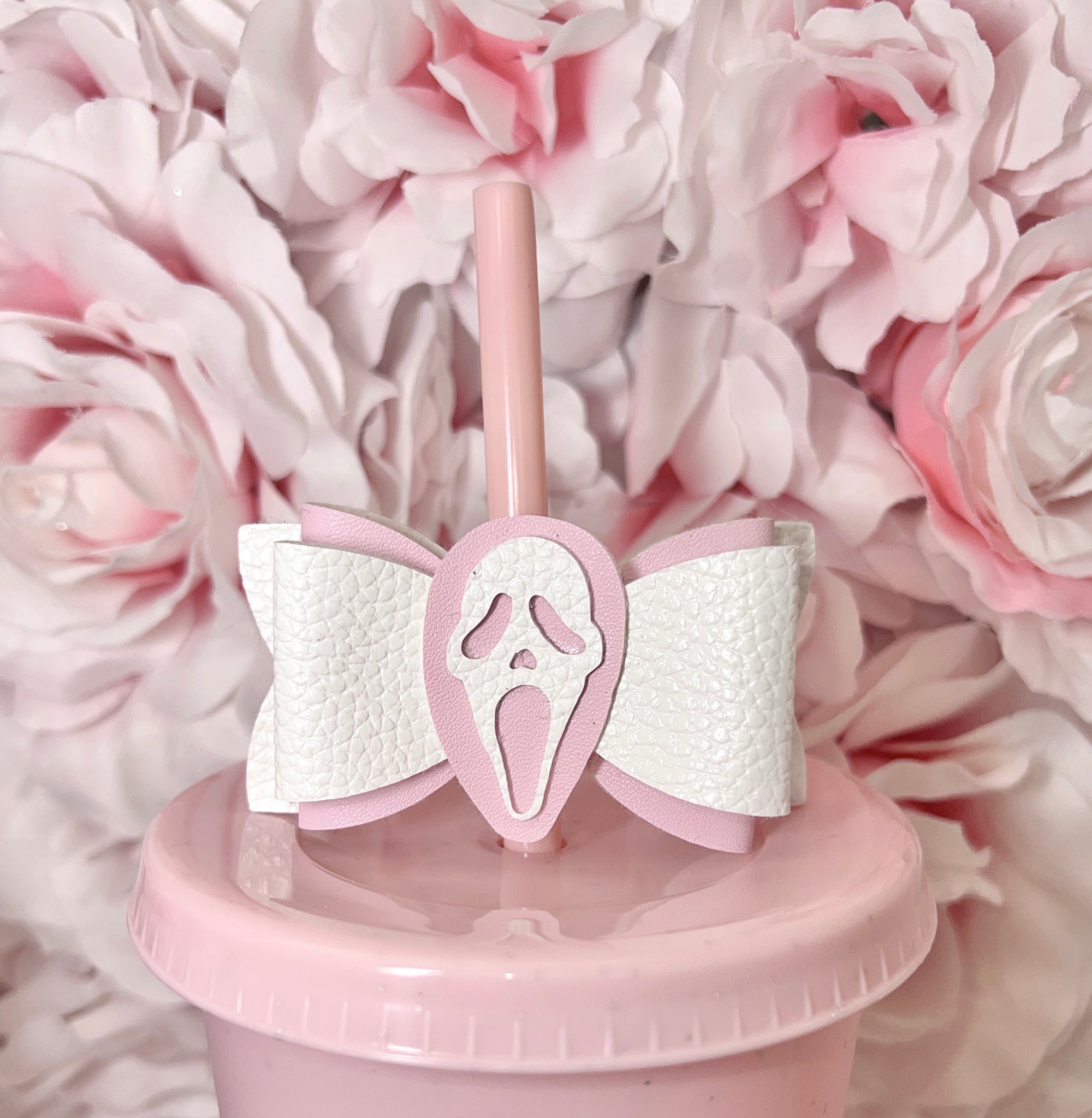 Ghost Face Pink & White Bow straw topper