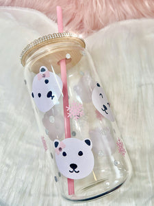 16oz Clear Glass, bamboo lid, WINTER theme tumbler