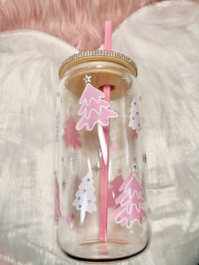 16oz Clear Glass, bamboo lid, WINTER theme tumbler