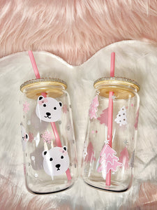 16oz Clear Glass, bamboo lid, WINTER theme tumbler