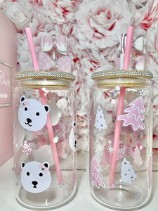 16oz Clear Glass, bamboo lid, WINTER theme tumbler