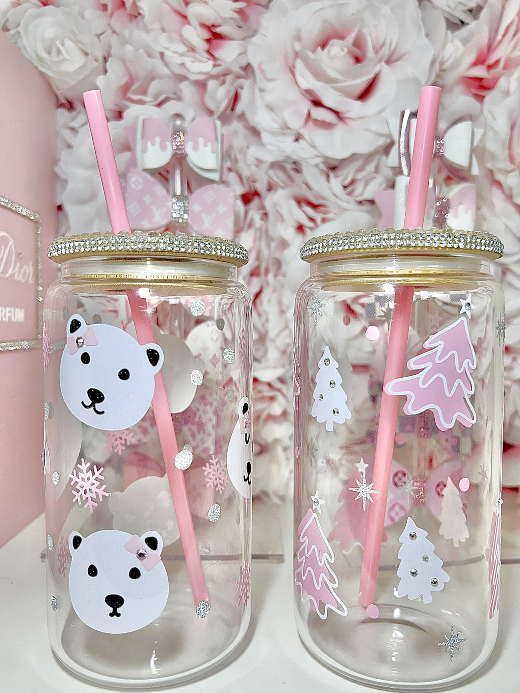 16oz Clear Glass, bamboo lid, WINTER theme tumbler