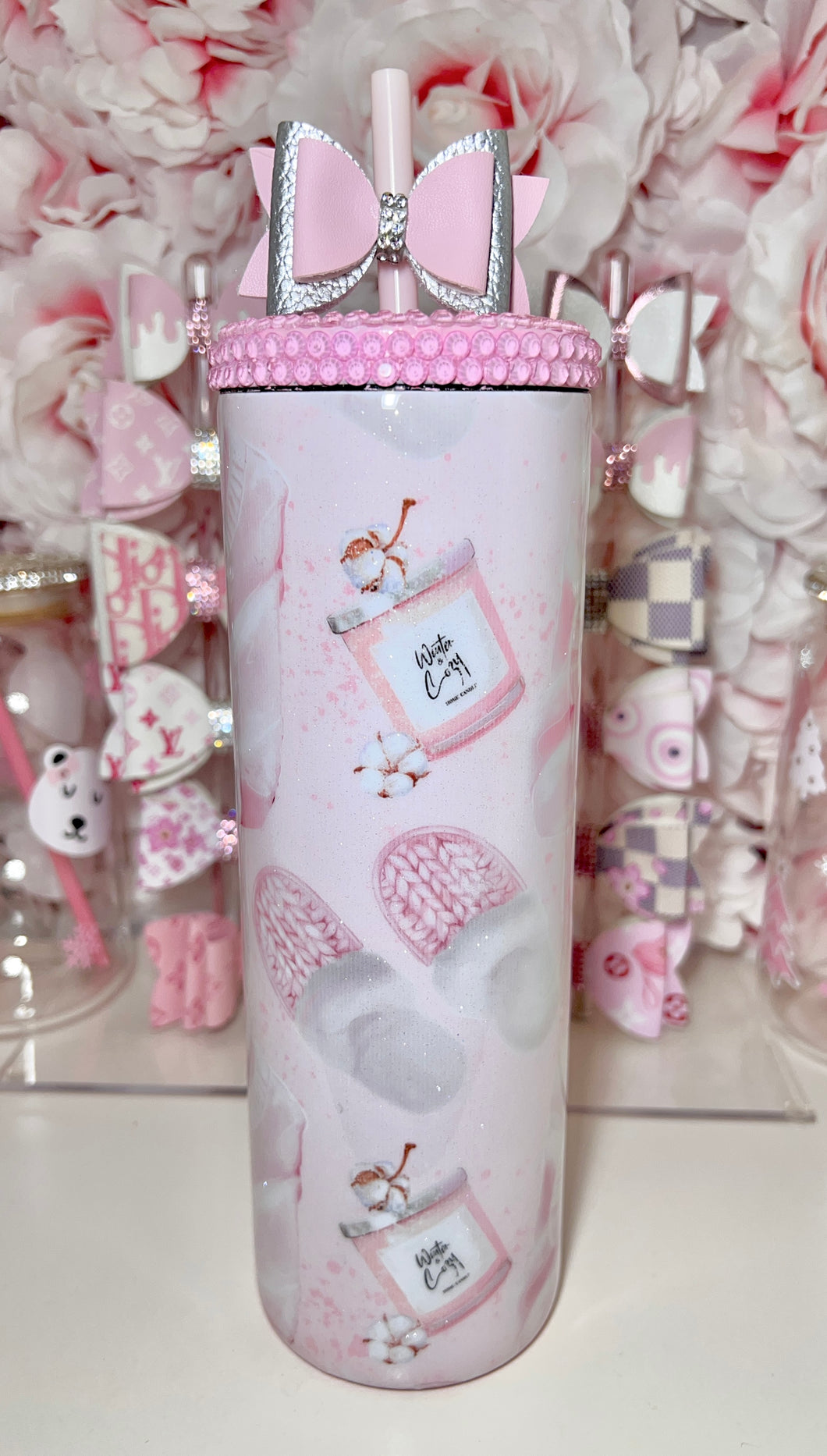 20oz Stainless Steel, Bling lid, pink sweater Tumbler with bow topper