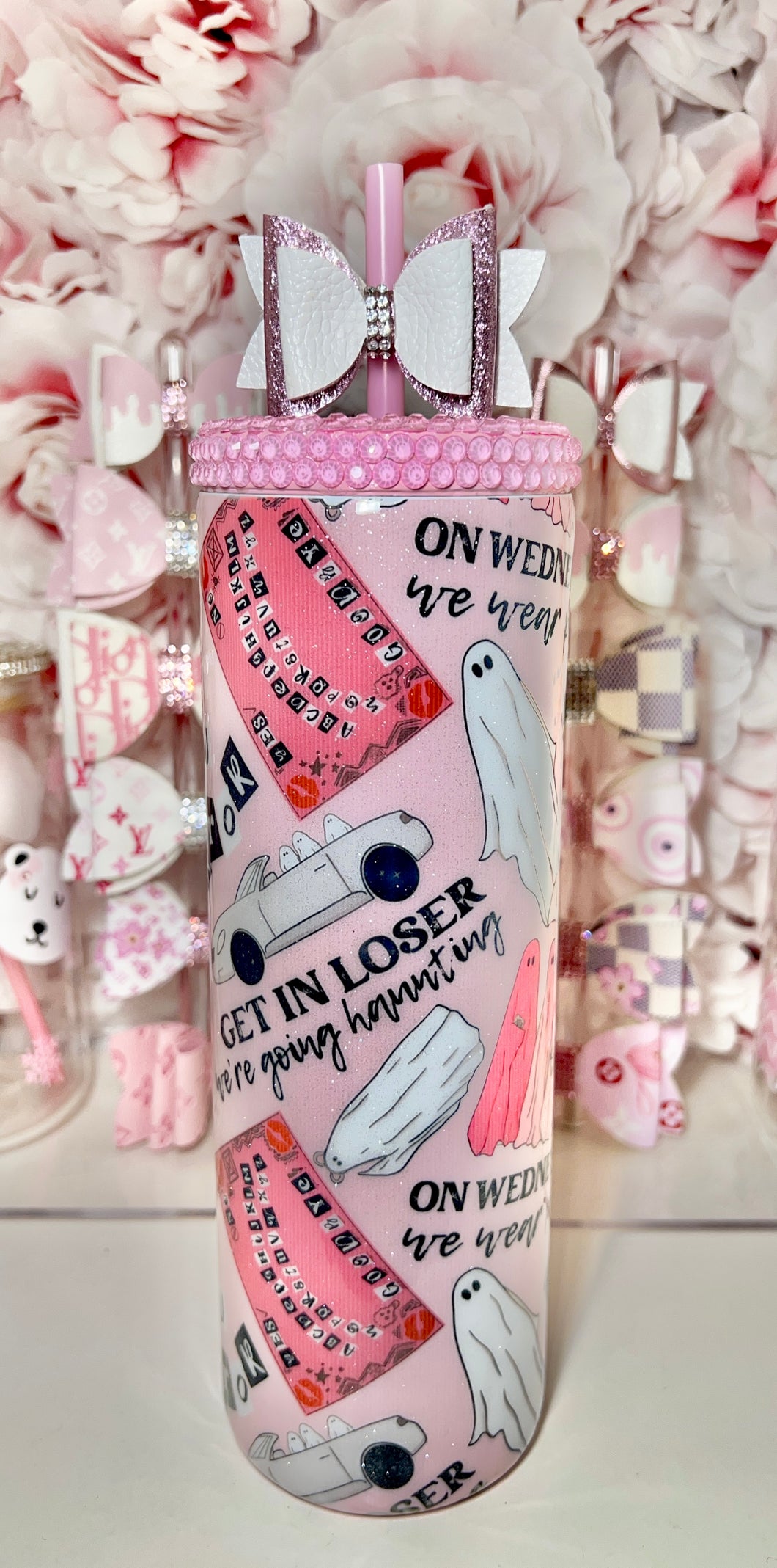 20oz SS Screw on lid Light Pink Mean Ghouls tumbler