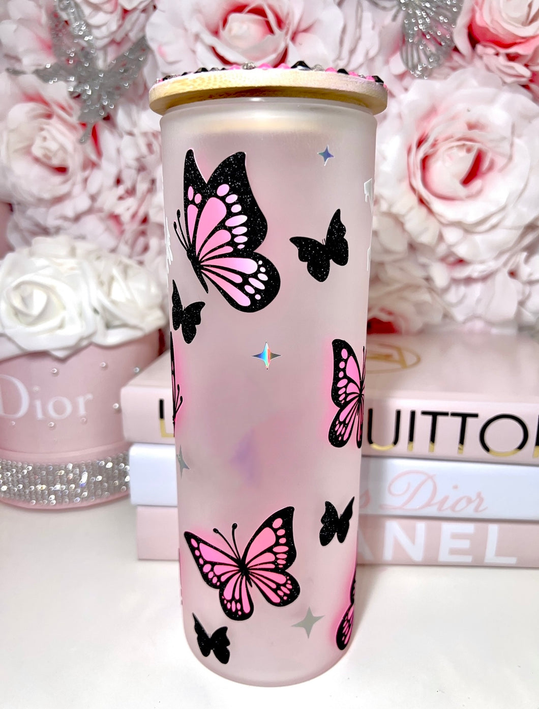 25oz Frosted Glass Tumbler with Swarovski bamboo lid