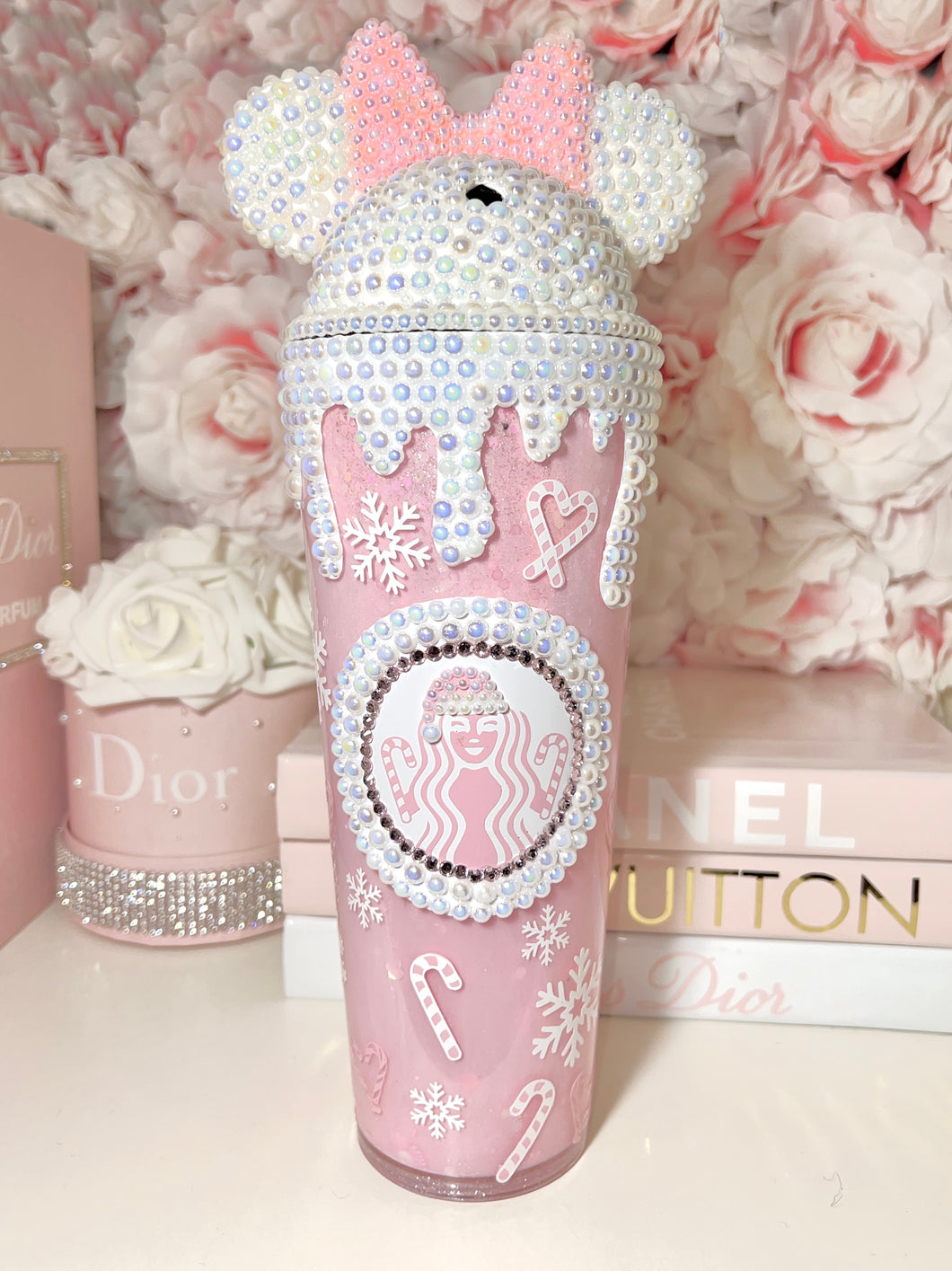 24oz Acrylic Minnie Mouse lid ,Snow globe, WINTER girl/Candy Cane  tumbler