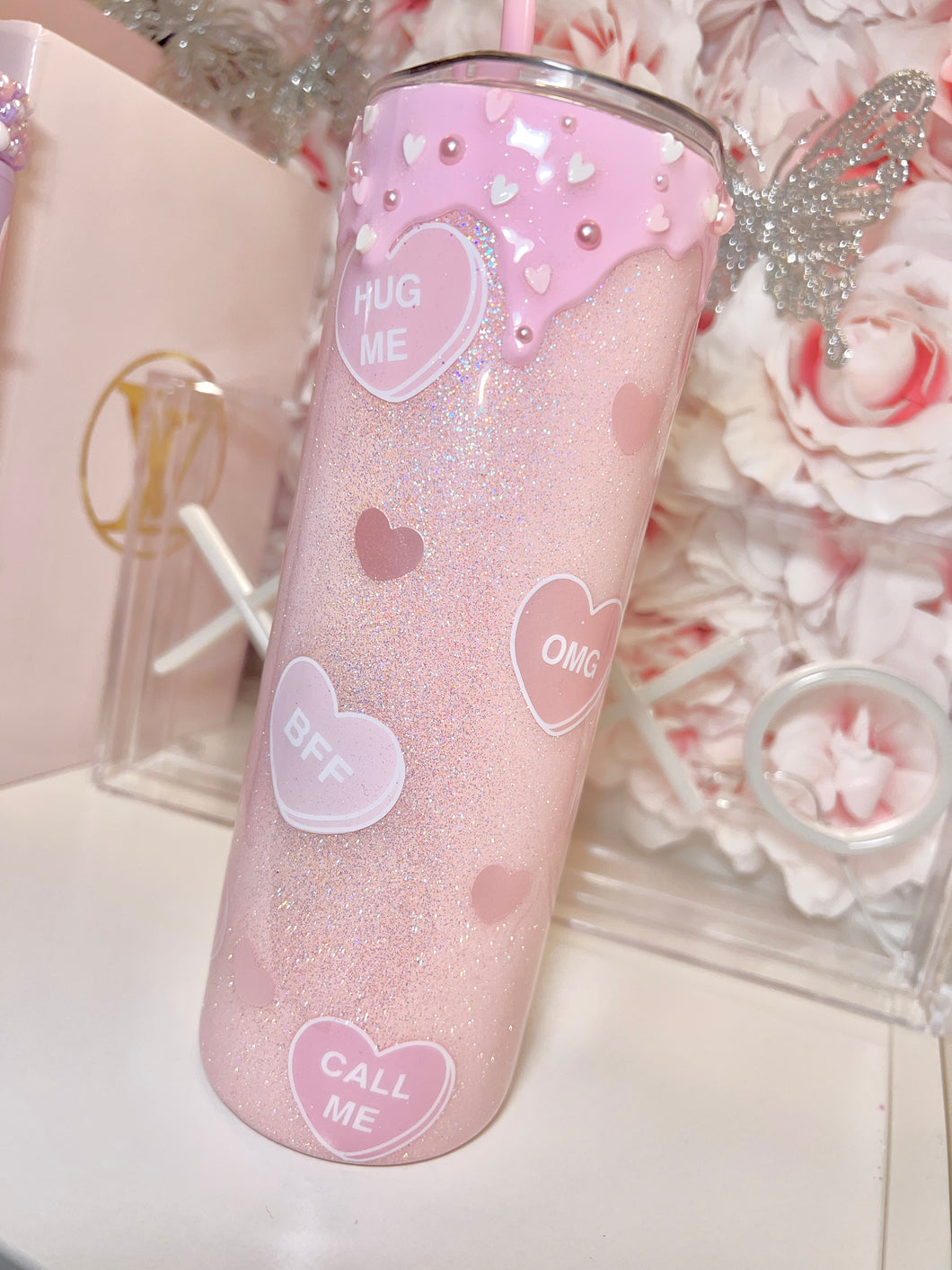 20oz Stainless Steel Vday Pink drip /Pink hearts tumbler