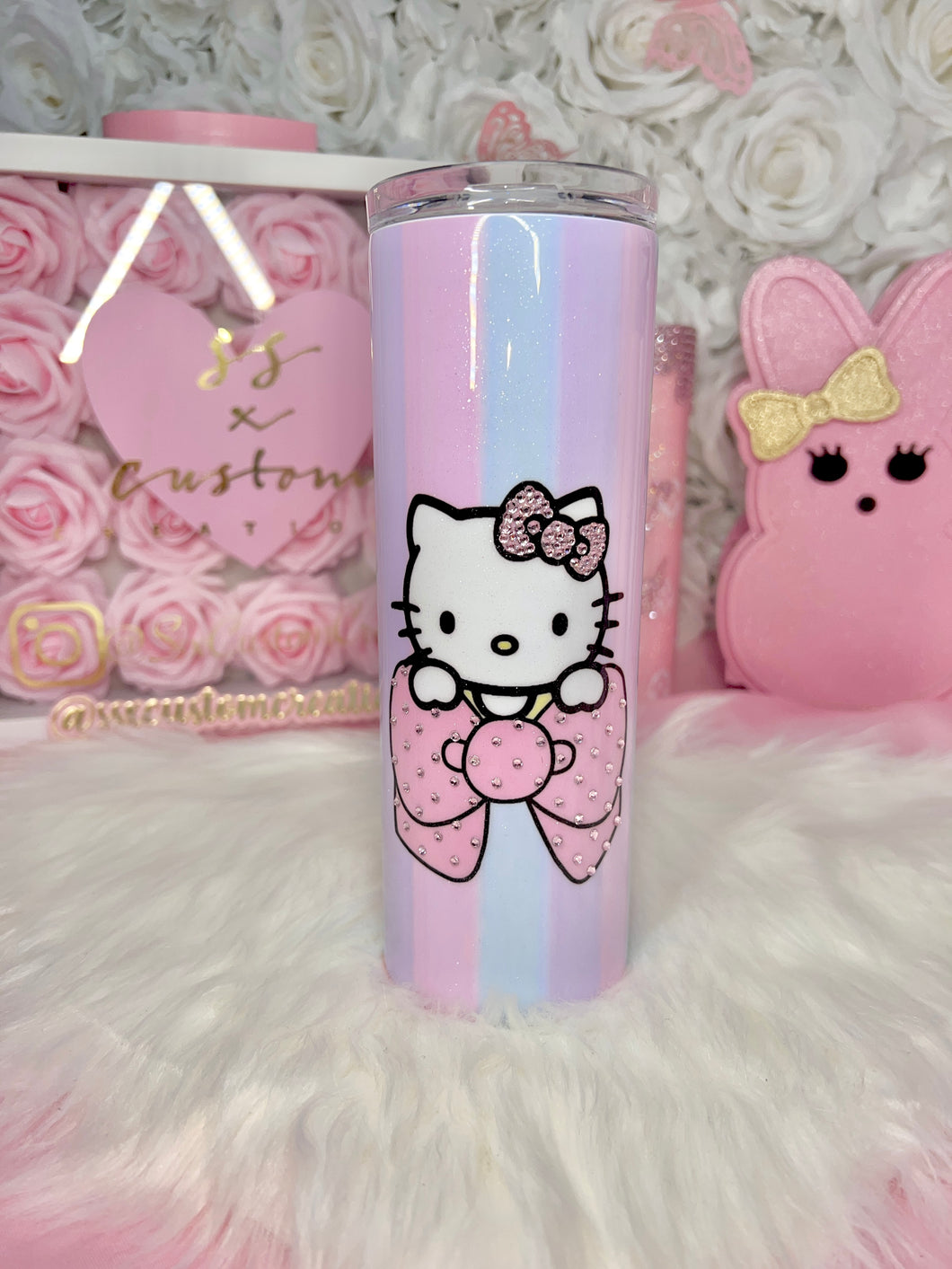 Kitty bow tumbler with Pastel Stripes