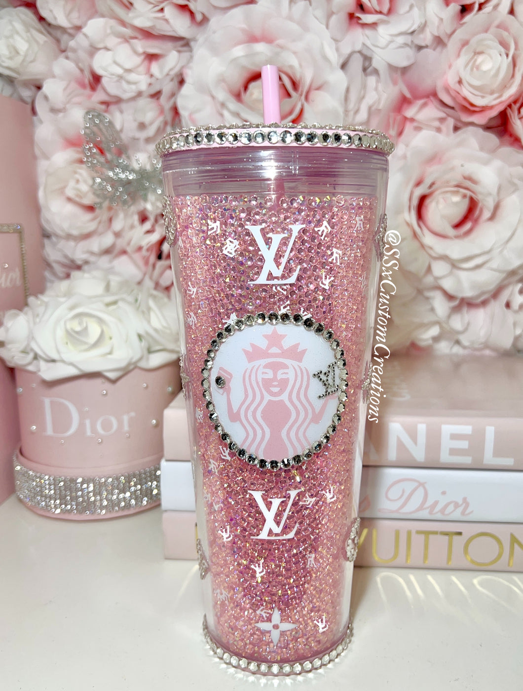 24oz Acrylic Pink Jelly Rhinestone filled tumbler