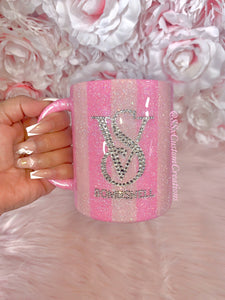 12oz Stainless Steel Pink striped mug with LUXE rhinestones