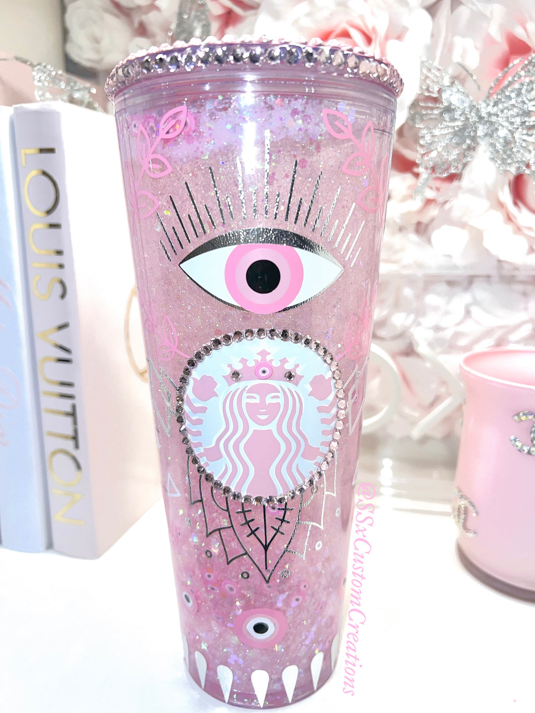 24oz Pink evil eye Snow Globe tumbler
