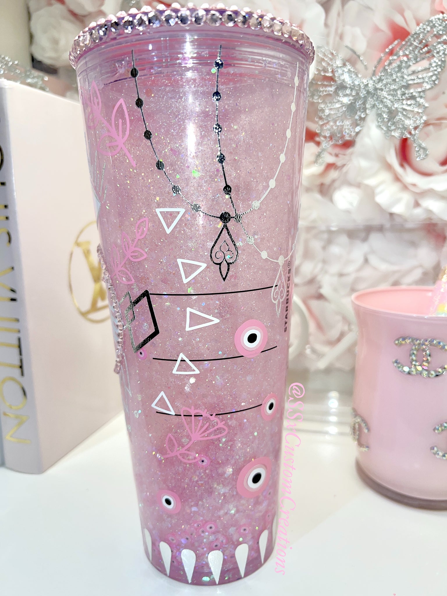 24oz Pink evil eye Snow Globe tumbler – SSxCustomCreations