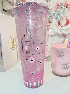 24oz Pink evil eye Snow Globe tumbler