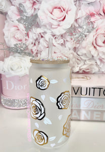 ROSES 16oz Frosted glass, bamboo lid ,  COLOR CHANGING tumbler