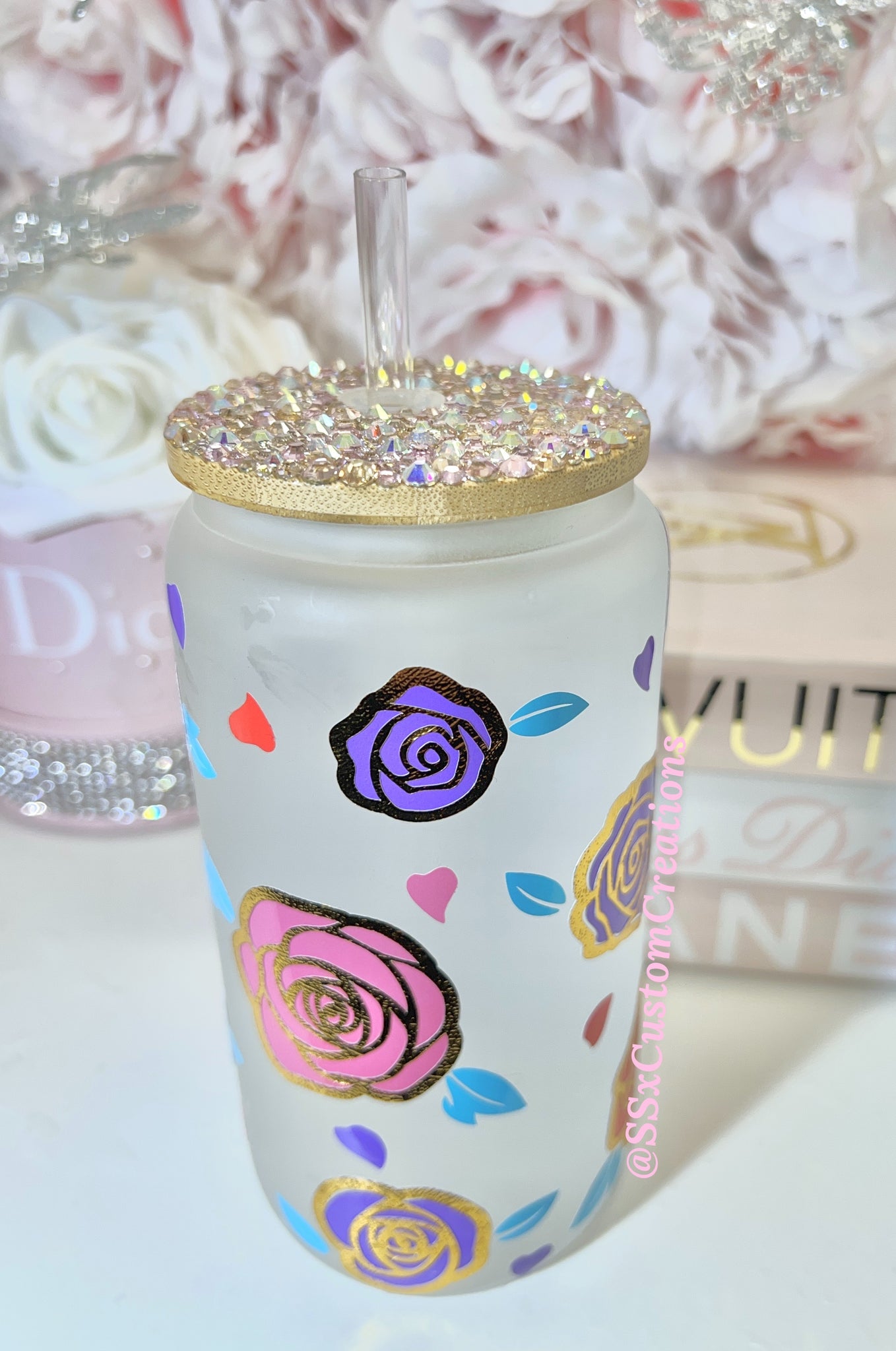 Glitter Flower Glass Can With Bamboo Lid and Glass straw
