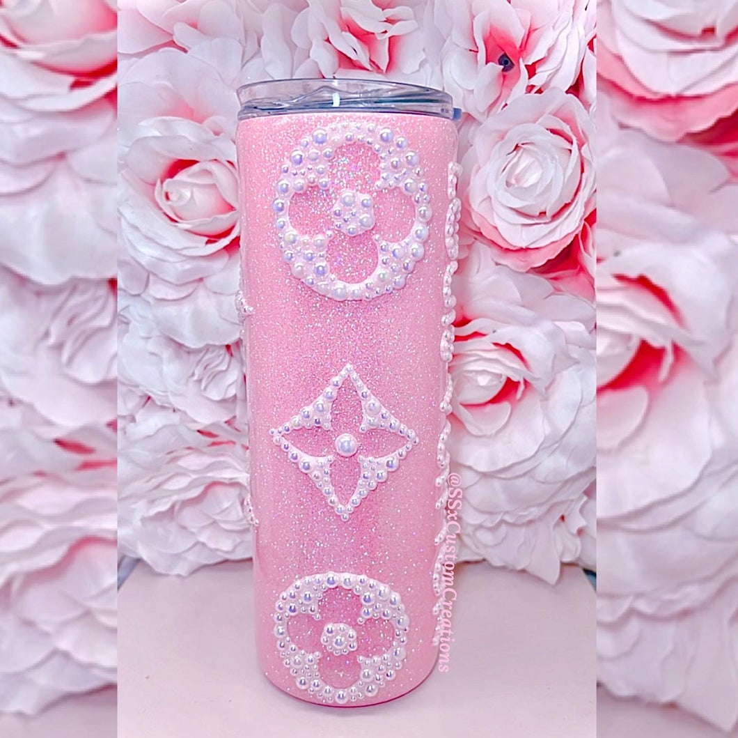 20oz PINK Stainless Steel PINK Pearl embellished tumbler